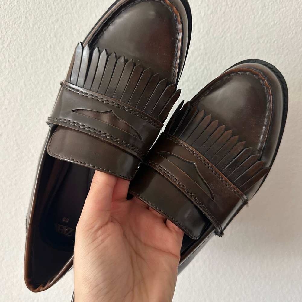 Zara Brown Leather Slip-On Loafers with Classic Penny Detail